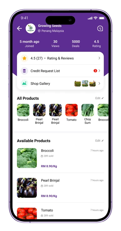 The Haroct seller shop page in the app, with ratings, credit requests and the product gallery