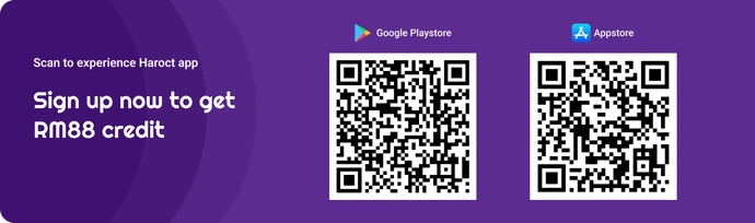 Scan to experience the Haroct app: QR codes for Google Play and the App Store. Sign up now to get RM88 credit.