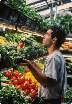 A shopkeeper arranging fresh produce on shelves